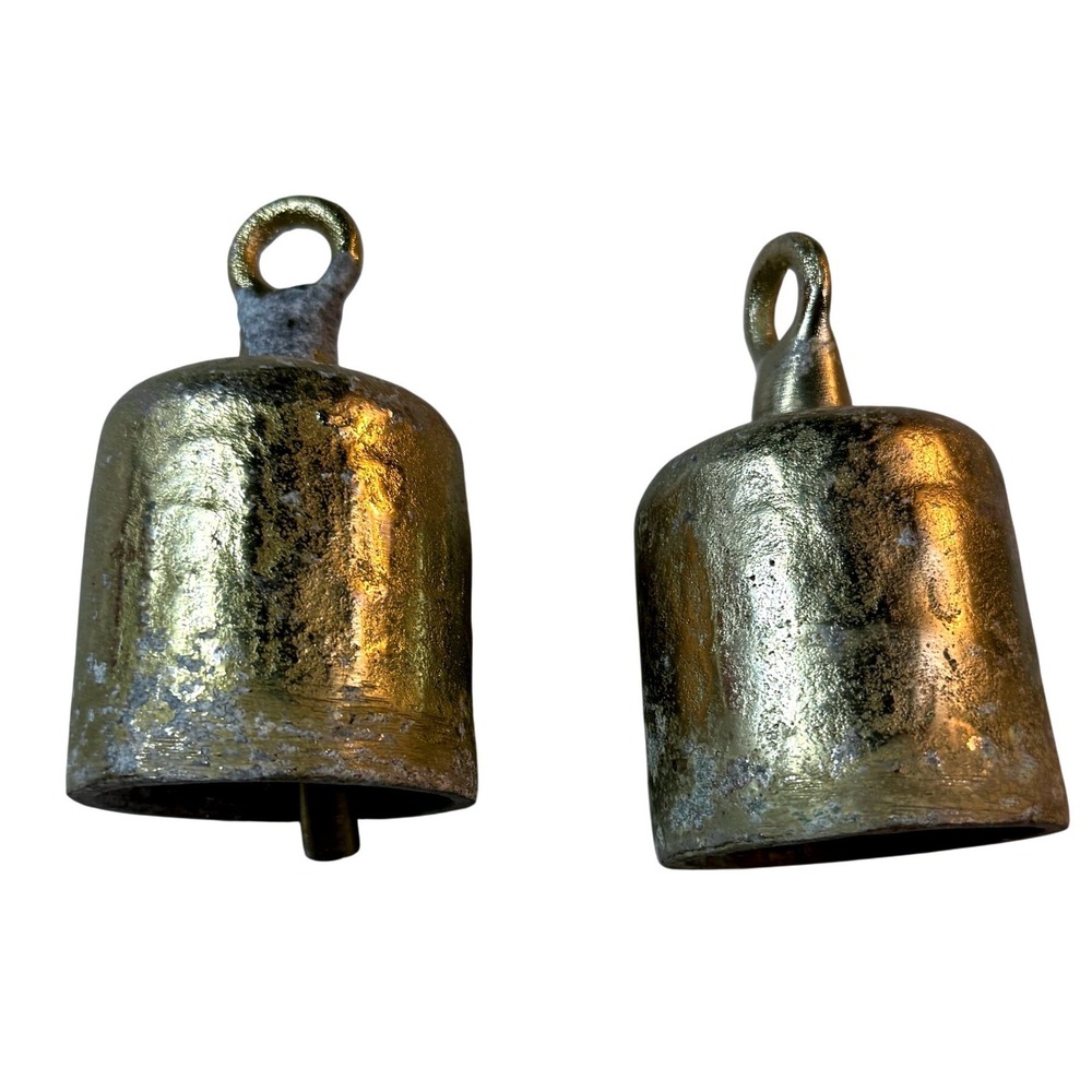 Primitive Brass Bells Gold  Rustic Farmhouse Weathered Wabi Sabi Charm‎ Set of 2